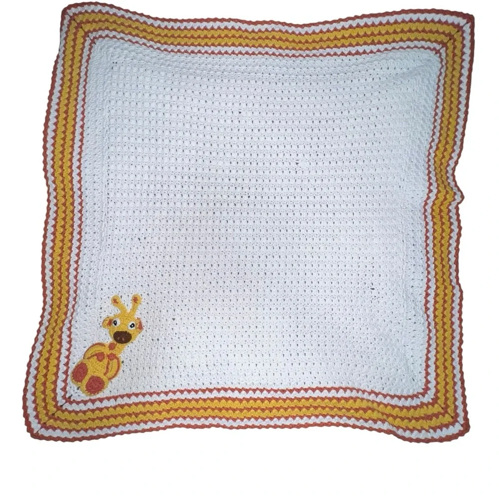 Vintage Handmade Crochet Giraffe White Baby Blanket Afghan Orange‎ Crib 33 X 33
